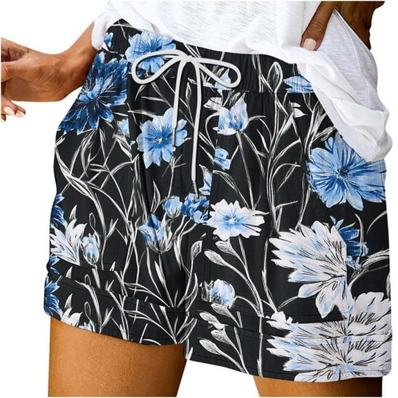 Hvot&aat Women's Summer Printed Beach Shorts Comfy Drawstring Casual Elastic Waist Shorts Wide Leg Shorts