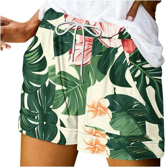 Hvot&aat Women's Summer Printed Beach Shorts Comfy Drawstring Casual Elastic Waist Shorts Wide Leg Shorts
