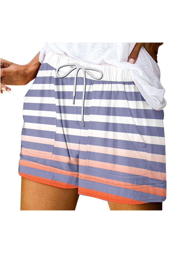 Women's Summer Shorts Trendy Striped Lightweight Beach Shorts Elastic Waist Wide Leg Shorts with Pockets