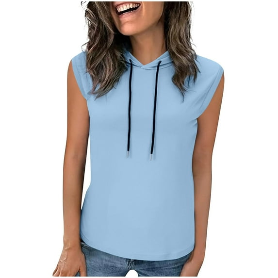 Hvot&aat Women's Summer Sleeveless Hooded Pullover Straight Tailored Fit T-Shirts Solid Color Tops