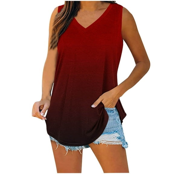 Hvot&aat Women's Summer Sleeveless V Neck Shirts Casual Loose Fit Tunic Blouses Ombre Basic Tanks