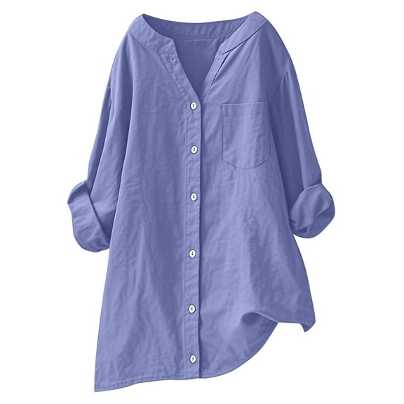Hvot&aat Women's Summer Soft Comfort Linen Shirts Loose Button Roll Up Long Sleeve Shirts Solid Lightweight Blouses