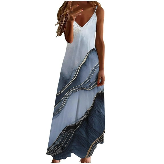 Hvot&aat Women's Summer Spaghetti Strap Sundress Sexy Vneck Print Maxi Dress Trendy Flowy Beach Dresses 2029