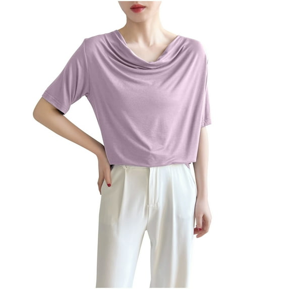 Hvot&aat Women's Summer T Shirts Pleated Cowl Neck Short Sleeve Blouses Solid Color Loose Fit Going Out Tees