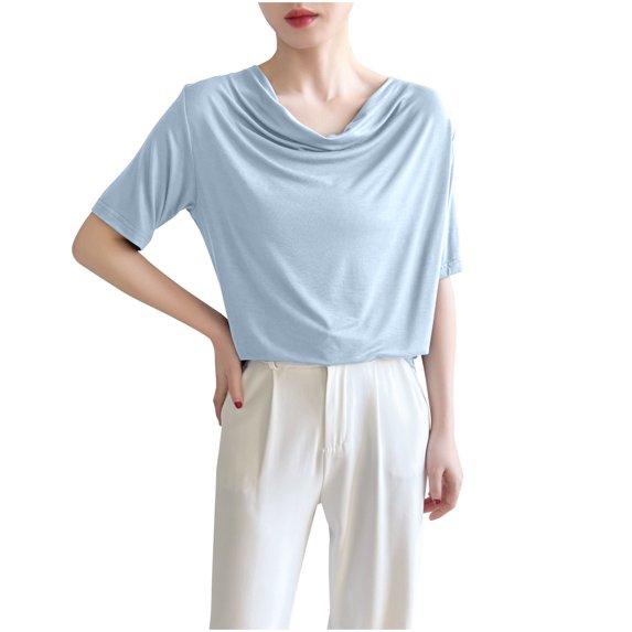 Hvot&aat Women's Summer T Shirts Pleated Cowl Neck Short Sleeve Blouses Solid Color Loose Fit Going Out Tees