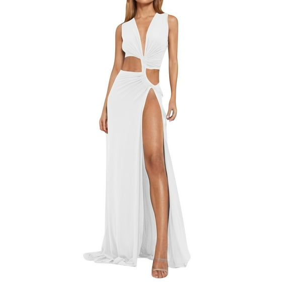 Hvot&aat Women's Summer Twist Front Hollow Out Dress Solid Color Wrap Sleeveless High Split Dresses Casual Long Maxi Dress