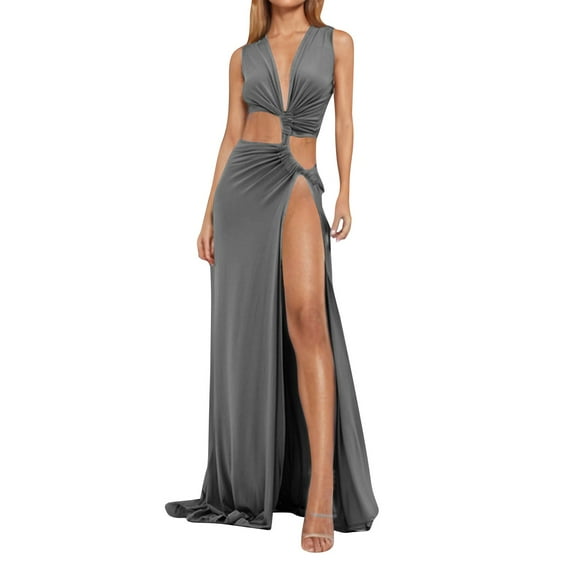 Hvot&aat Women's Summer Twist Front Hollow Out Dress Solid Color Wrap Sleeveless High Split Dresses Casual Long Maxi Dress