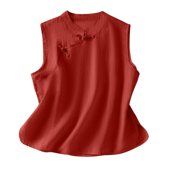 Hvot&aat Women's Summer Vintage Cotton Linen Tank Tops Solid Color Sleeveless Frog Button Blouse Loose Casual Tunic Shirts