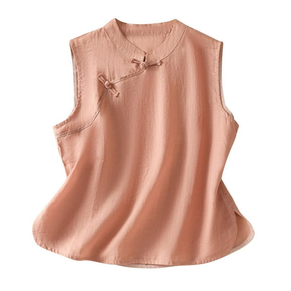 Hvot&aat Women's Summer Vintage Cotton Linen Tank Tops Solid Color Sleeveless Frog Button Blouse Loose Casual Tunic Shirts