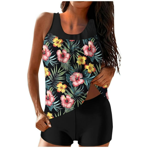Hvot&aat Women's Tankini Two Piece Swimsuits Modest Floral Printed Bathing Suits Blouson Tank Top with Boyshorts Swimwear