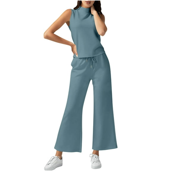 Hvot&aat Women's Temperament 2 Piece Set Solid Color High Neck Tank Top Wide Leg Pants Casual Suit Vacation Travel Outfits