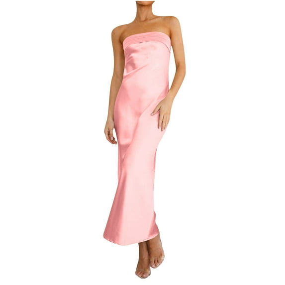 Hvot&aat Women's Temperament Satin Tube Maxi Dress Elegant Party Cocktail Wedding Guest Formal Long Dresses