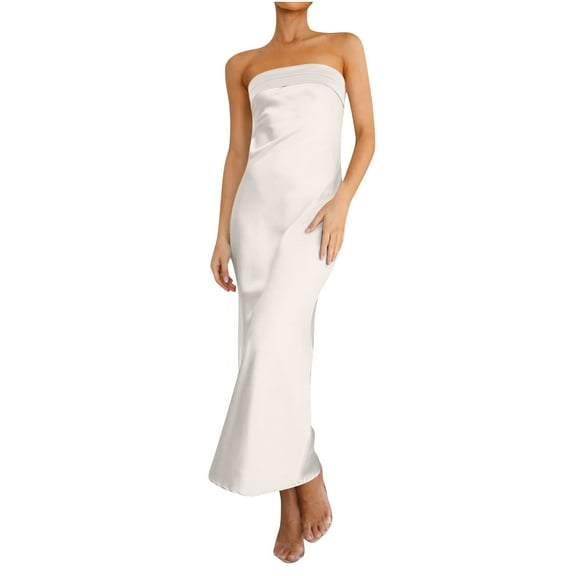Hvot&aat Women's Temperament Satin Tube Maxi Dress Elegant Party Cocktail Wedding Guest Formal Long Dresses