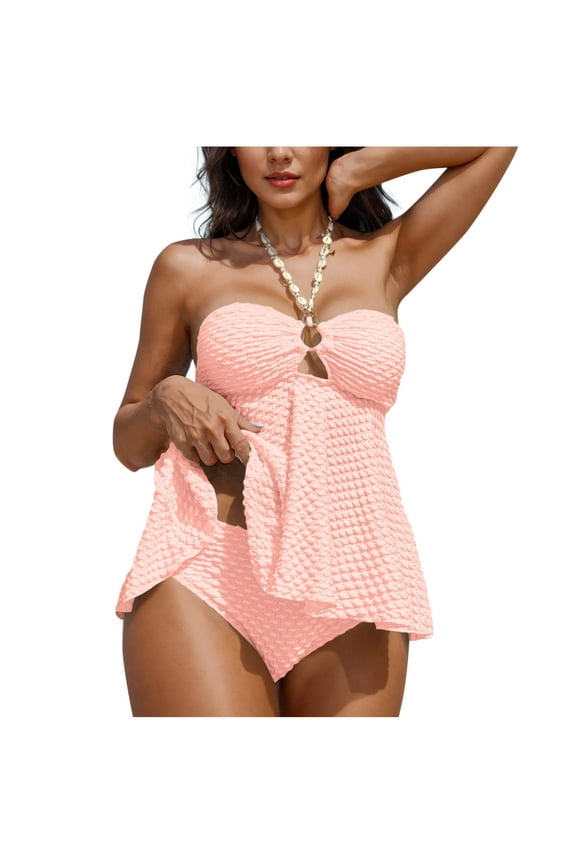 Women's Textured Bikinis Two Piece Tummy Control Flowy Halter Swimwear Cut Out Backless Bathing Suits