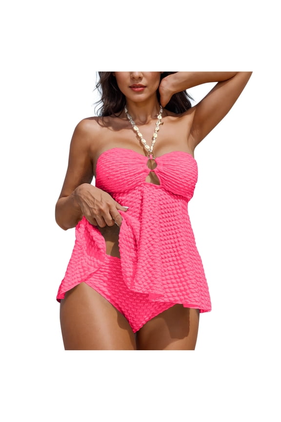 Women's Textured Bikinis Two Piece Tummy Control Flowy Halter Swimwear Cut Out Backless Bathing Suits