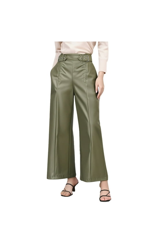 Women's Trendy Leather Pants High Waist Pants With Buckle Wide Leg Pants with Pockets Pleated Flare Trousers