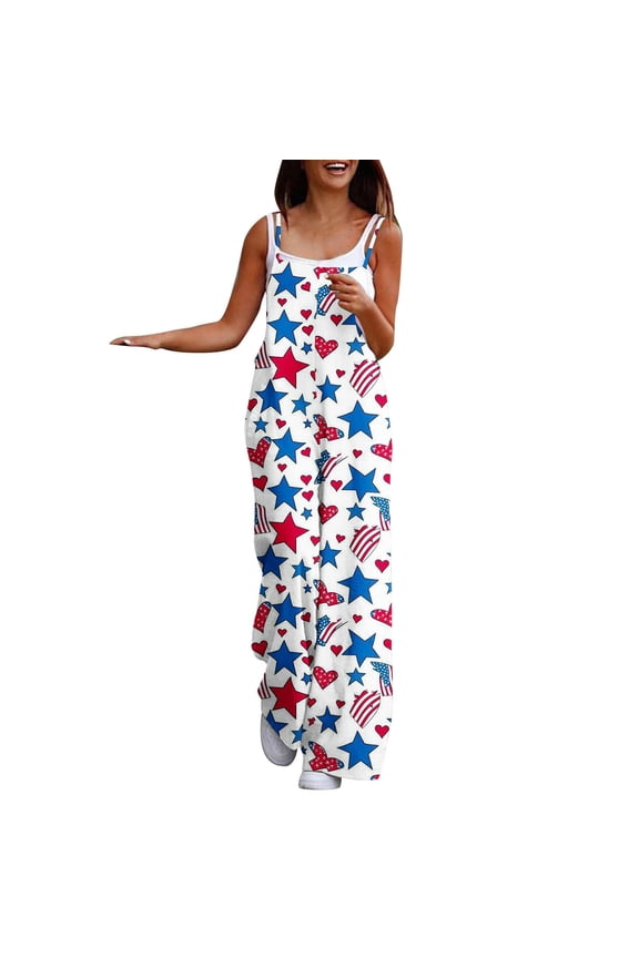 Women's Trendy Stars Stripes Jumpsuit Casual Sleeveless Spaghetti Straps High Waist Wide Leg Rompers