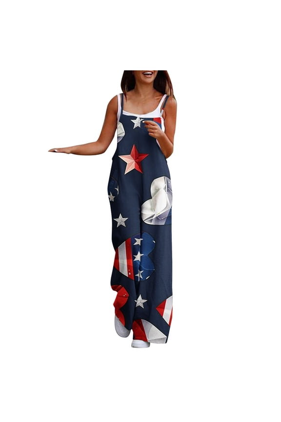 Women's Trendy Stars Stripes Jumpsuit Casual Sleeveless Spaghetti Straps High Waist Wide Leg Rompers