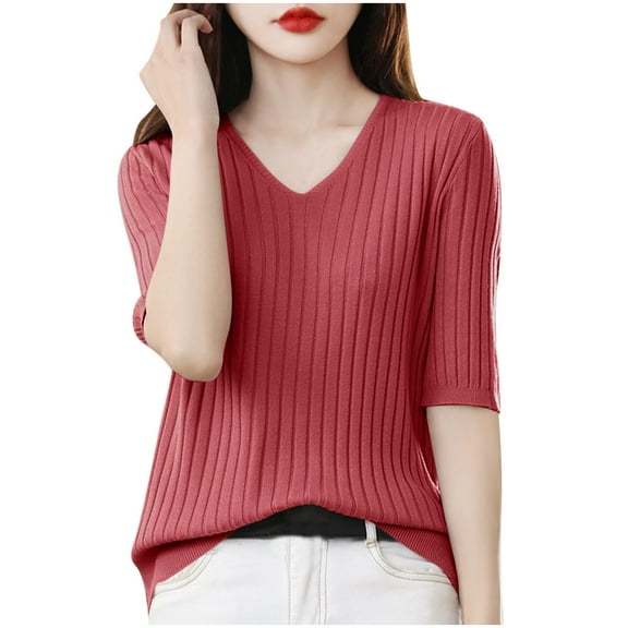 Hvot&aat Women‘s Trendy Textured Tops Solid Color V Neck Half Sleeve Pullover Loose Fit Stretch Blouses
