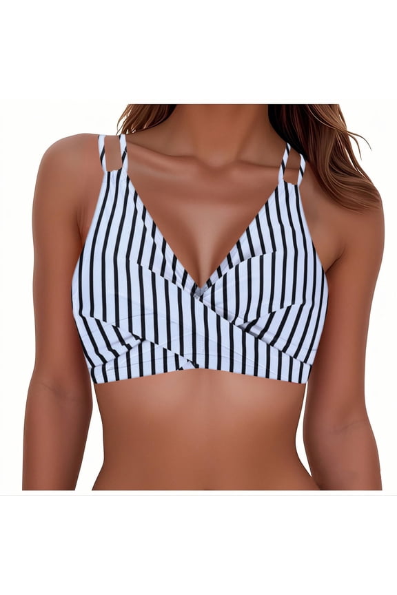 Women's Twist Front Bikini Tops Boho Double Sling Cross Lace Up Back Swimsuit Top Sexy Deep V Neck Swimwear