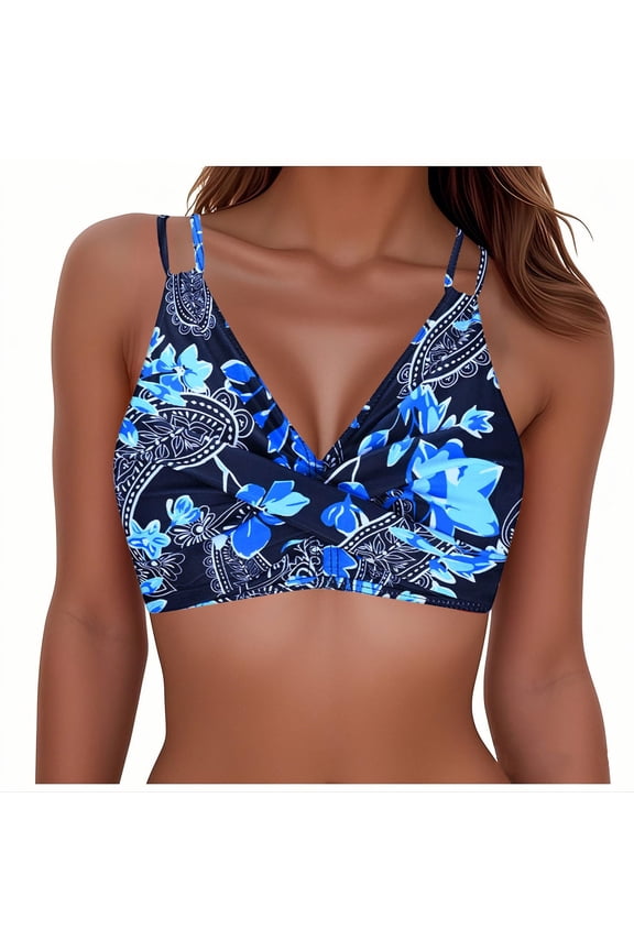 Women's Twist Front Bikini Tops Boho Double Sling Cross Lace Up Back Swimsuit Top Sexy Deep V Neck Swimwear