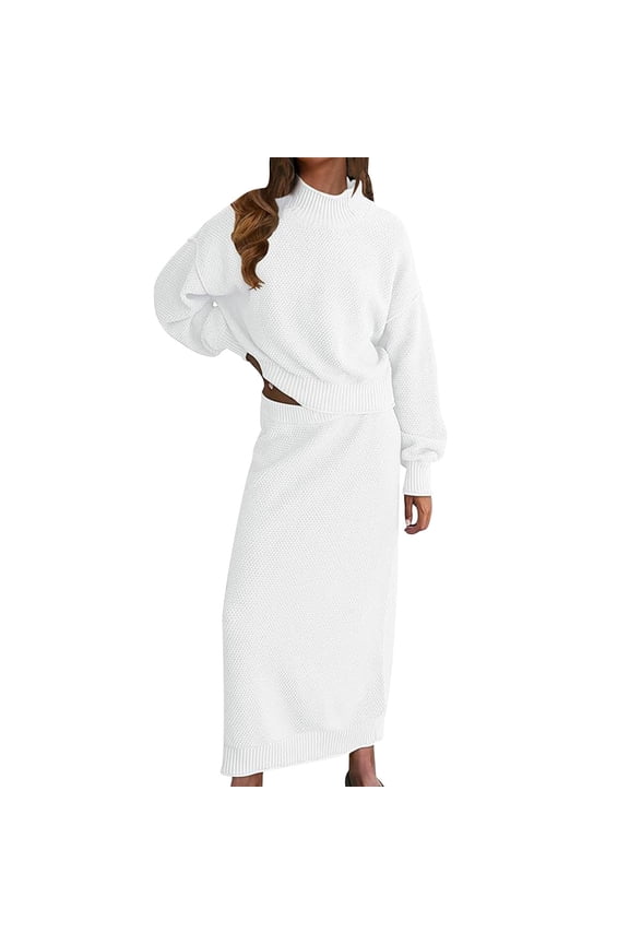 Women's Two Piece Fall Sweater Dress Set Long Sleeve Sweatshirt Bodycon Midi Skirt Solid Color Waffle Knit Outfits