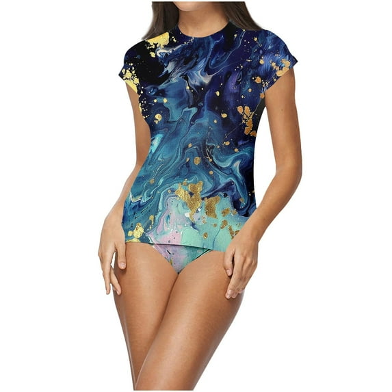 Hvot&aat Women's Two Piece Split Swimsuit Crew Neck Short Sleeve Top With BoyShorts Trunks Casual Blouson Print Swimwear