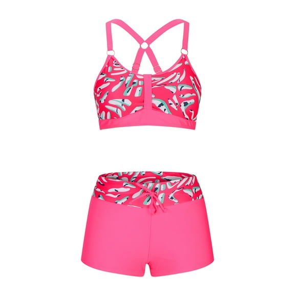 Hvot&aat Women's Two Pieces Tropical Print Swimsuits Drawstring High Waisted Push Up Bikini Sets Spaghetti Strap Swimwear