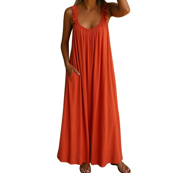 Hvot&aat Women's U Neck Sleeveless Pleated Maxi Flowy Dress Ruffles Spaghetti Strap Beach Dress Solid Color Dress with Pockets