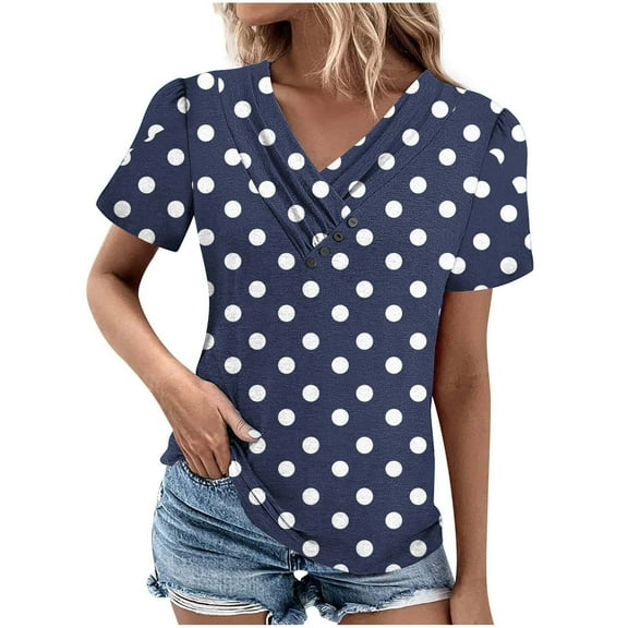 Hvot&aat Women's V-Neck Button Tops Polka Dot Short Sleeve T-shirts Loose Slim Fit Tunic Tops Daily clothes