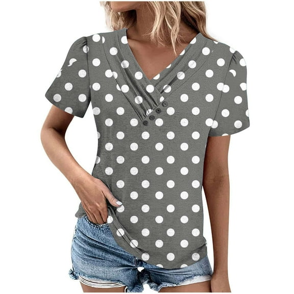 Hvot&aat Women's V-Neck Button Tops Polka Dot Short Sleeve T-shirts Loose Slim Fit Tunic Tops Daily clothes