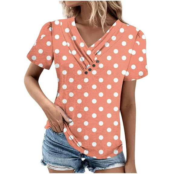 Hvot&aat Women's V-Neck Button Tops Polka Dot Short Sleeve T-shirts Loose Slim Fit Tunic Tops Daily clothes
