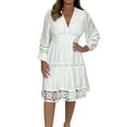 thumbnail image 1 of Hvot&aat Women's V Neck Lace Solid Color Dress Elegant Long Flare Sleeve Mini Flowy Dresses Hollow Out Beach Dress, 1 of 5