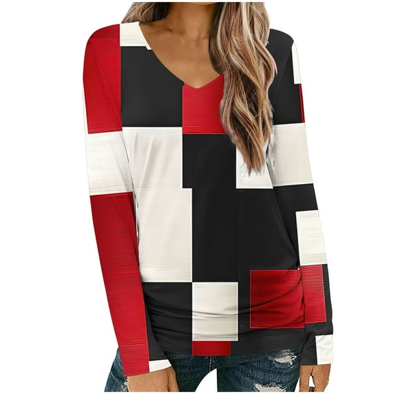 Hvot&aat Women's V Neck Long Sleeve Tops Casual Comfy Color Block Home T-shirt Loose Textured Blouses