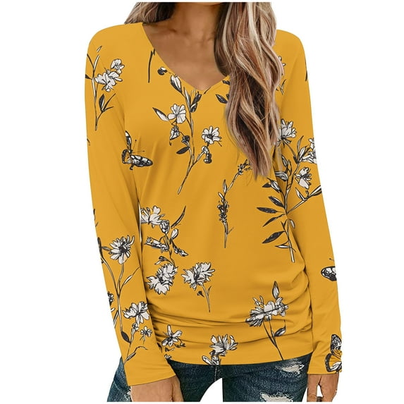 Hvot&aat Women's V Neck Long Sleeve Tops Casual Comfy Color Block Home T-shirt Loose Textured Blouses