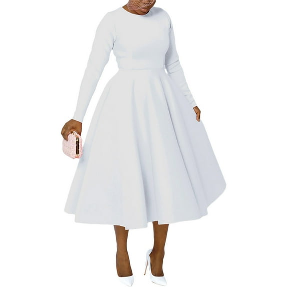 Hvot&aat Women's Vintage Cocktail Dresses High Waist Flowy A Line Elegant Swing Dress Solid Color Long Sleeve Formal Dress