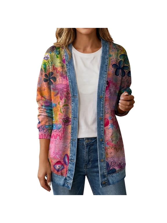 Women's Vintage Colorful Boho Knit Cardigan Artistic Floral Graphic Long Sleeve Patchwork Casual Coat