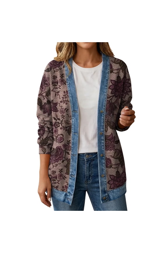 Women's Vintage Colorful Boho Knit Cardigan Artistic Floral Graphic Long Sleeve Patchwork Casual Coat