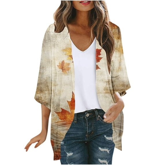 Hvot&aat Women's Vintage Half Sleeve Printing Cardigan Lightweight Beach Cover Ups Open Front Sheer Cardigan