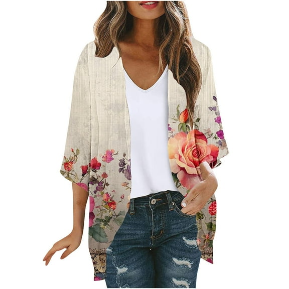 Hvot&aat Women's Vintage Half Sleeve Printing Cardigan Lightweight Beach Cover Ups Open Front Sheer Cardigan