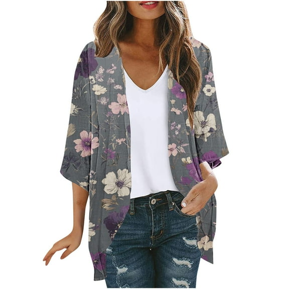 Hvot&aat Women's Vintage Half Sleeve Printing Cardigan Lightweight Beach Cover Ups Open Front Sheer Cardigan