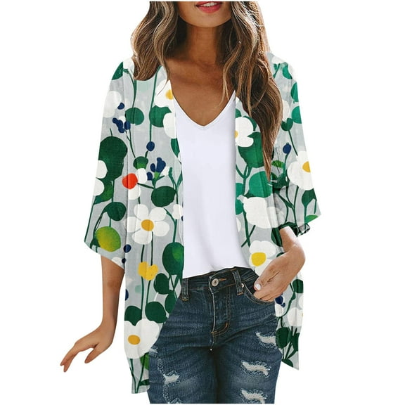 Hvot&aat Women's Vintage Half Sleeve Printing Cardigan Lightweight Beach Cover Ups Open Front Sheer Cardigan