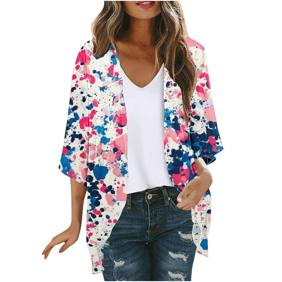 Hvot&aat Women's Vintage Half Sleeve Printing Cardigan Lightweight Beach Cover Ups Open Front Sheer Cardigan