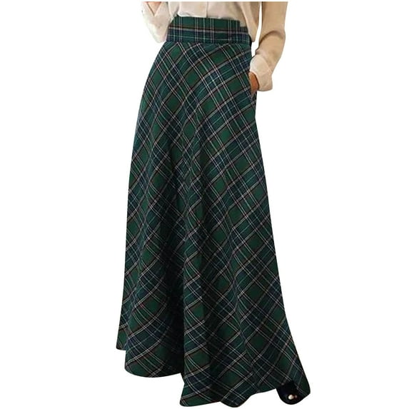 Hvot&aat Women's Vintage Plaid Maxi Skirt High Waist Tartan A Line Long Skirt with Fall Winter Outfit