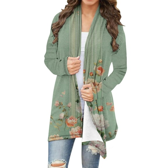Hvot&aat Women's Vintage Print Cardigan Open Front Long Sleeve Casual Cardigan Oversize Cardigans Coat