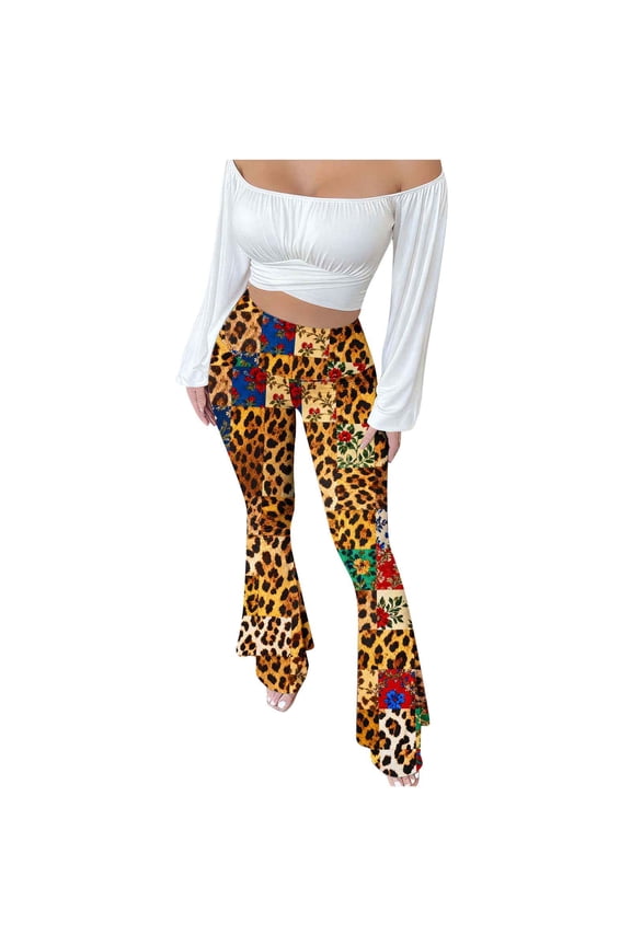 Women's Vintage Printed Flared Pants High Waisted Modern Tight Fitting Bag Hip Casual Long Pants