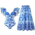 thumbnail image 1 of Hvot&aat Women's Vintage Printed One Piece Swimwear with Beach Cover Ups Ruffle Sleeve Top and Flowy Skirt Swimwear, 1 of 7