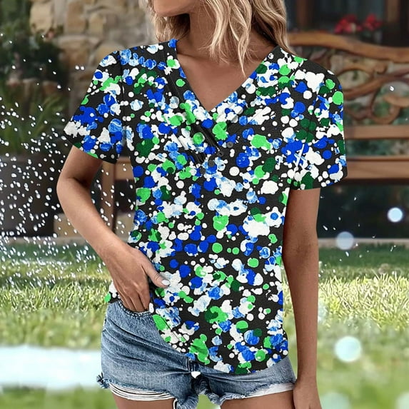 Hvot&aat Women's Vintage Printed Tops Short Sleeve V Neck Casual Summer T-Shirts Slim Fit Comfort Soft Blouse