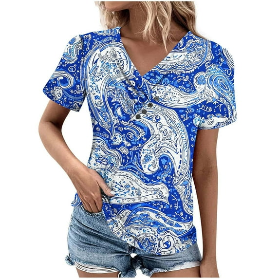 Hvot&aat Women's Vintage Printed Tops Short Sleeve V Neck Casual Summer T-Shirts Slim Fit Comfort Soft Blouse