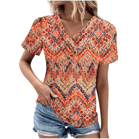 Hvot&aat Women's Vintage Printed Tops Short Sleeve V Neck Casual Summer T-Shirts Slim Fit Comfort Soft Blouse